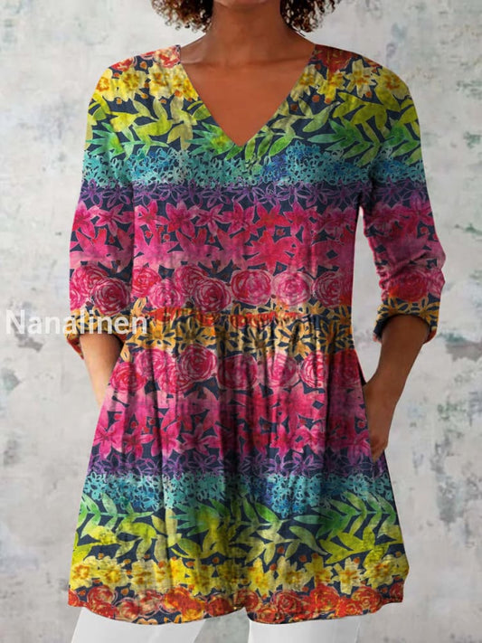 Boho Floral Print V-Neck Pattern Vintage Loose Long Sleeve Top A / S