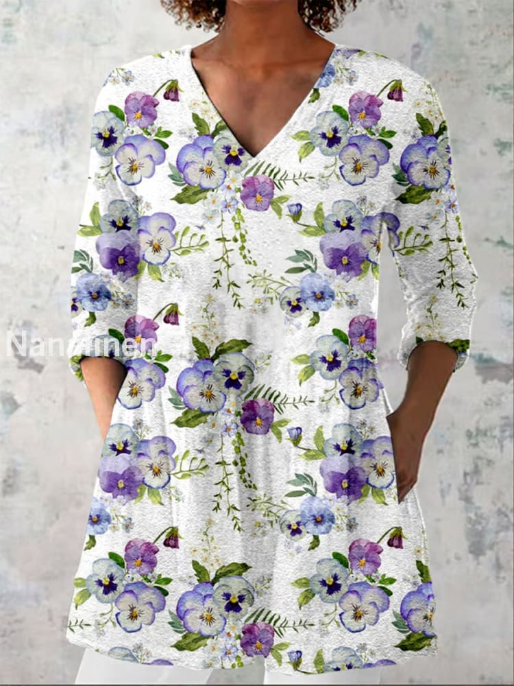 Boho Floral Print V-Neck Pattern Vintage Loose Long Sleeve Top A / S
