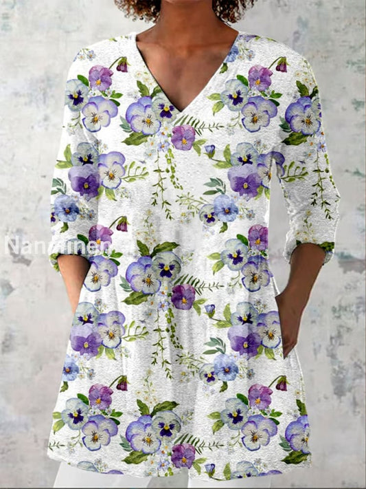 Boho Floral Print V-Neck Pattern Vintage Loose Long Sleeve Top A / S
