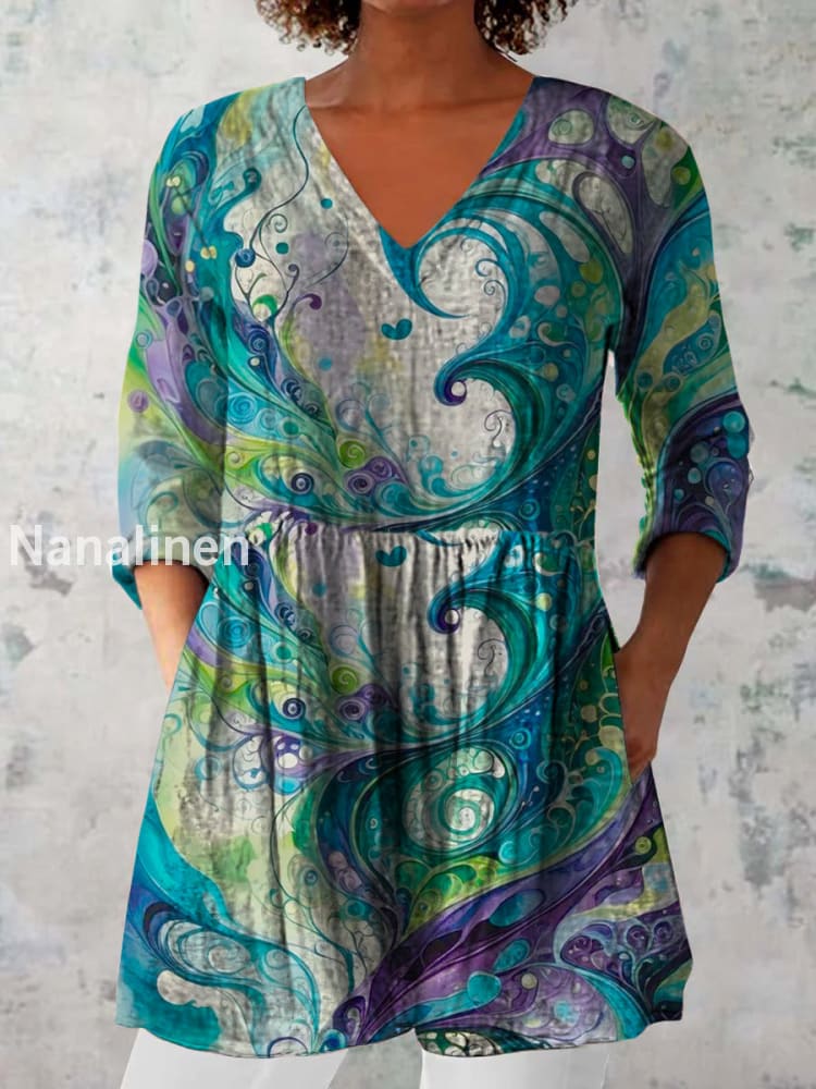 Boho Floral Print V-Neck Pattern Vintage Loose Long Sleeve Top A / S
