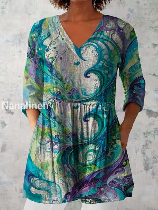 Boho Floral Print V-Neck Pattern Vintage Loose Long Sleeve Top A / S