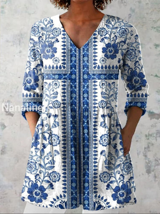 Boho Floral Print V-Neck Pattern Vintage Loose Long Sleeve Top A / S