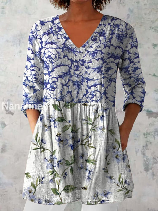 Boho Floral Print V-Neck Pattern Vintage Loose Long Sleeve Top A / S