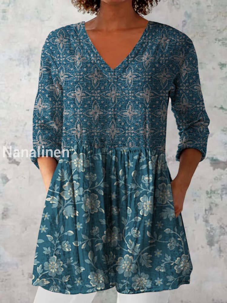Boho Floral Print V-Neck Pattern Vintage Loose Long Sleeve Top A / S