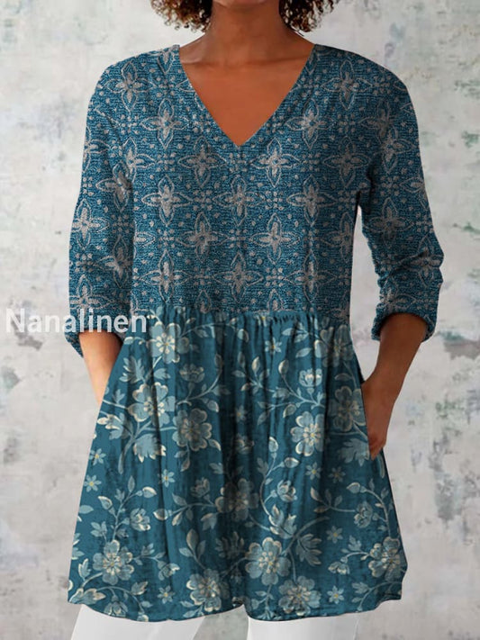 Boho Floral Print V-Neck Pattern Vintage Loose Long Sleeve Top A / S
