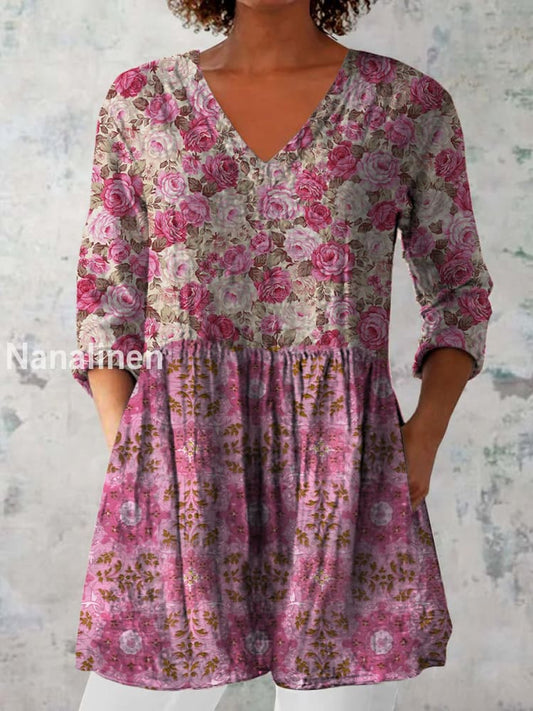 Boho Floral Print V-Neck Pattern Vintage Loose Long Sleeve Top A / S