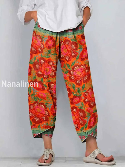 Boho Flowers Print Art Cropped Casual Cotton Pants Colorful / S