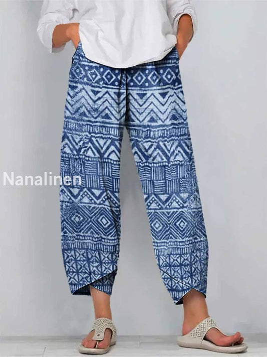 Boho Pattern Print Art Cropped Casual Cotton Pants Colorful / S