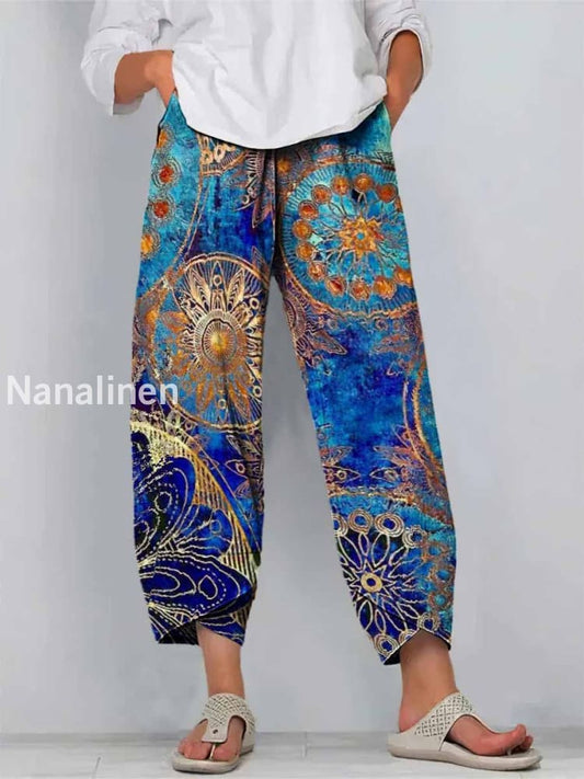 Boho Print Art Cropped Casual Cotton Pants Colorful / S
