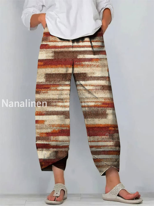 Boho Stripes Print Art Cropped Casual Cotton Pants Colorful / S