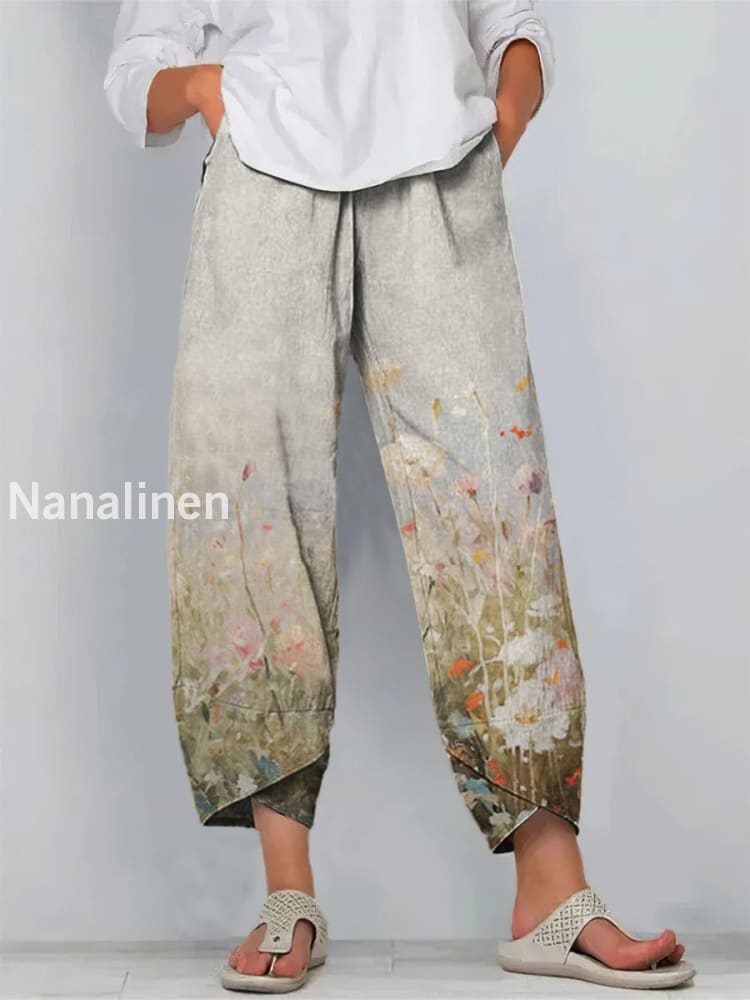 Boho Style Flowers Print Art Cropped Casual Cotton Pants Colorful / S