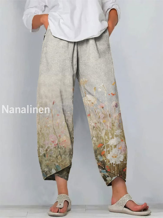 Boho Style Flowers Print Art Cropped Casual Cotton Pants Colorful / S