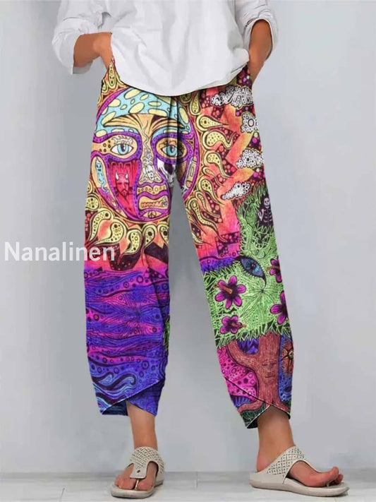 Boho Style Pattern Print Art Cropped Casual Cotton Pants Colorful / S