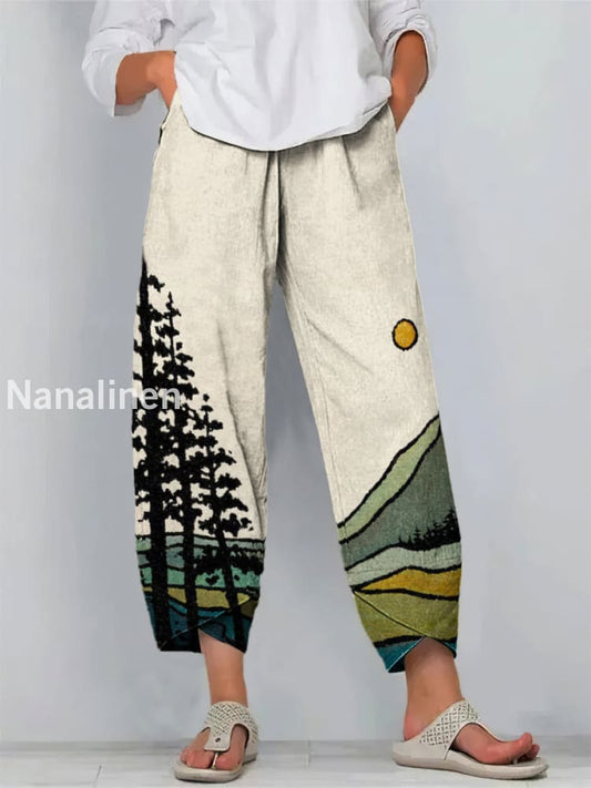 Boho Style Print Art Cropped Casual Cotton Pants Colorful / S