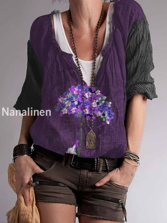 Caring For Alzheimer Print Cotton Blend V-Neck Top Purple / S