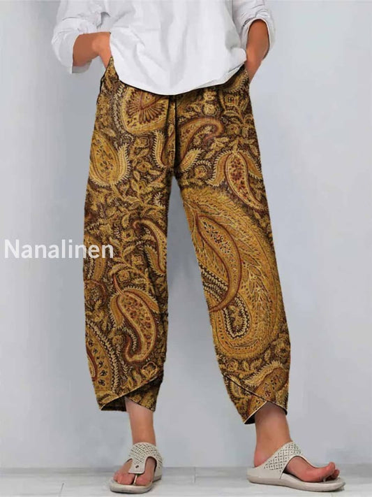 Cashew Print Art Cropped Casual Cotton Pants Colorful / S