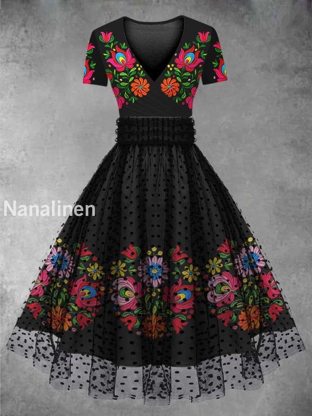 Cinco de Mayo Mexican Fiesta Floral Art Printed Vintage V-Neck Mesh Gauze Short Sleeve Midi Dress A / S