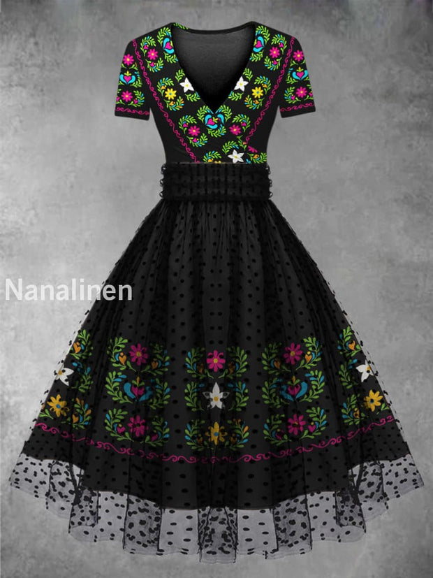 Cinco de Mayo Mexican Fiesta Floral Art Printed Vintage V-Neck Mesh Gauze Short Sleeve Midi Dress A / S