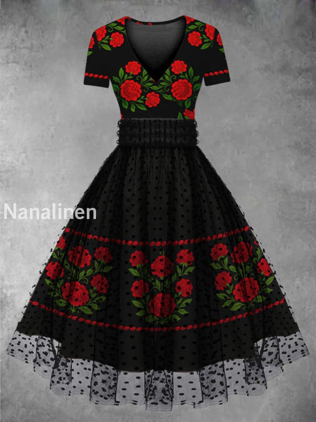 Cinco de Mayo Mexican Fiesta Floral Art Printed Vintage V-Neck Mesh Gauze Short Sleeve Midi Dress A / S