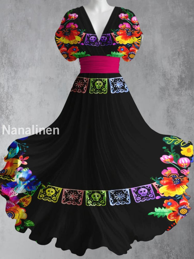 Cinco de Mayo Mexican Fiesta Floral Printed Elegant V-Neck Vintage Short Sleeve Maxi Dress A / S