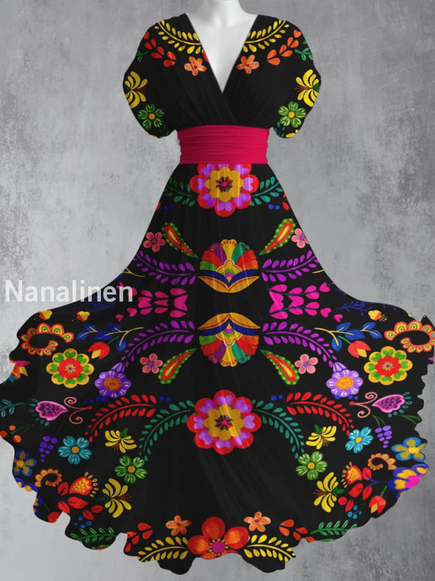 Cinco de Mayo Mexican Fiesta Floral Printed Elegant V-Neck Vintage Short Sleeve Maxi Dress A / S