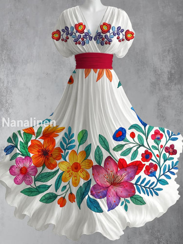Cinco de Mayo Mexican Fiesta Floral Printed Elegant V-Neck Vintage Short Sleeve Maxi Dress A / S