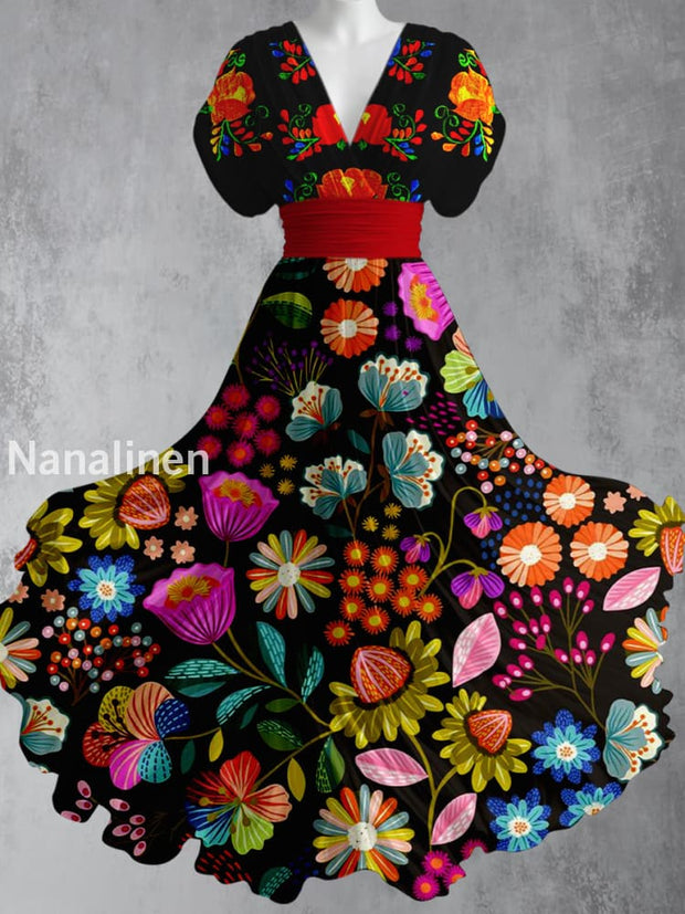 Cinco de Mayo Mexican Fiesta Floral Printed Elegant V-Neck Vintage Short Sleeve Maxi Dress A / S