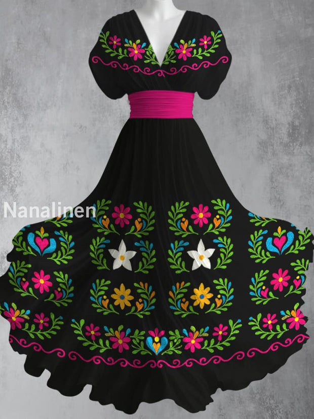 Cinco de Mayo Mexican Fiesta Floral Printed Elegant V-Neck Vintage Short Sleeve Maxi Dress A / S