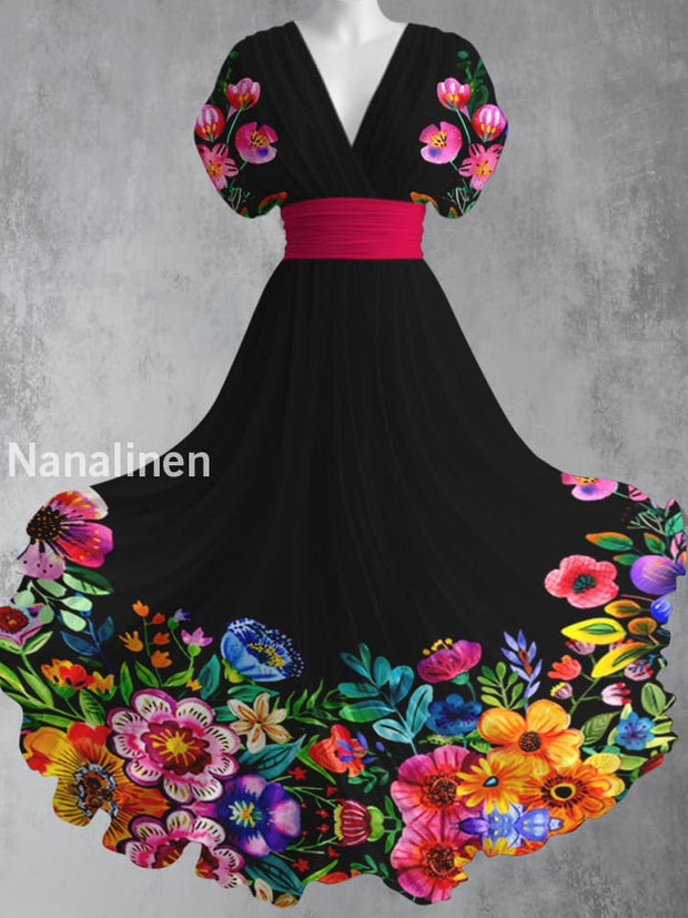 Cinco de Mayo Mexican Fiesta Floral Printed Elegant V-Neck Vintage Short Sleeve Maxi Dress A / S
