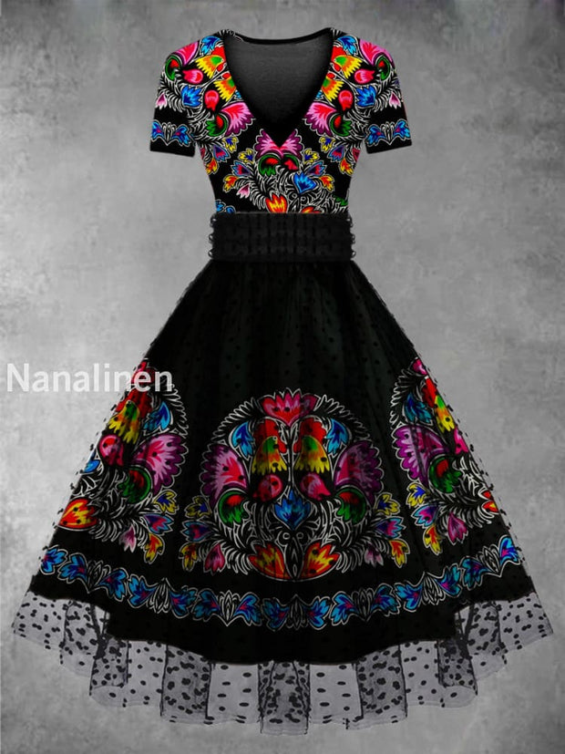 Cinco de Mayo Mexican Fiesta Floral Printed Vintage V-Neck Mesh Gauze Short Sleeve Midi Dress A / S