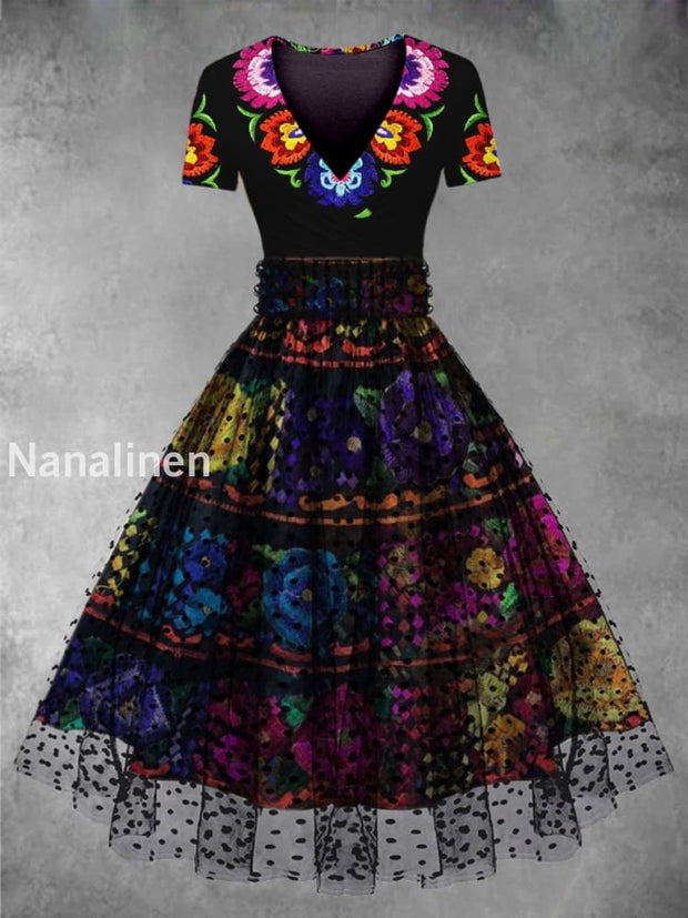Cinco de Mayo Mexican Fiesta Floral Printed Vintage V-Neck Mesh Gauze Short Sleeve Midi Dress A / S