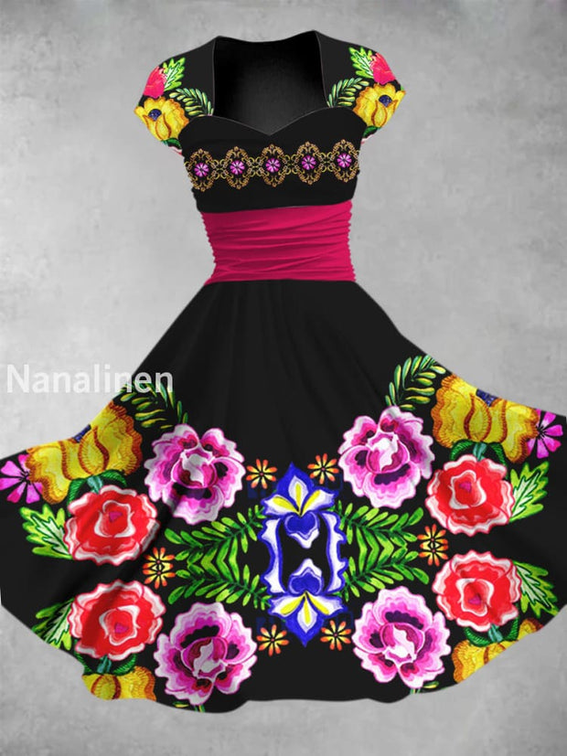 Cinco de Mayo Mexican Fiesta Floral Printed Vintage V-Neck Pleated Waist Short Sleeve Midi Dress A / S