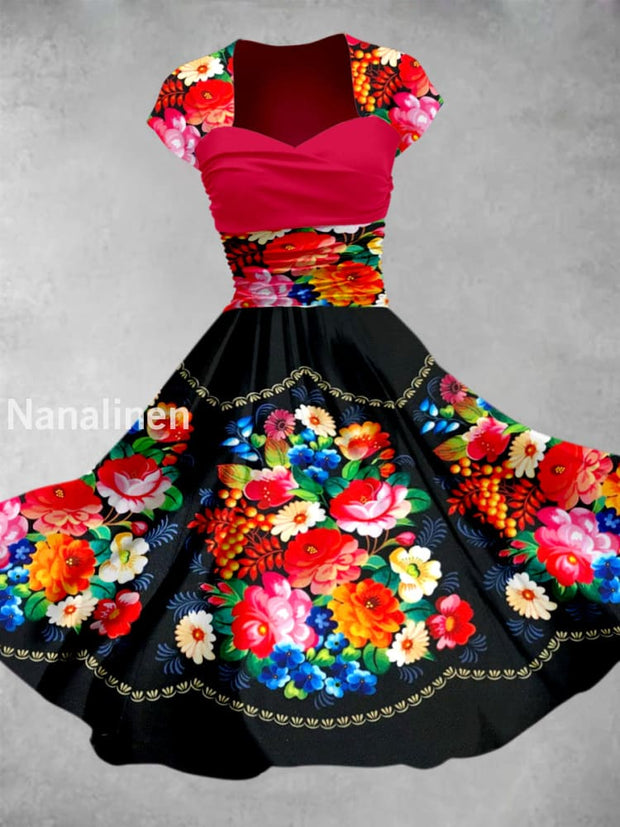Cinco de Mayo Mexican Fiesta Floral Printed Vintage V-Neck Pleated Waist Short Sleeve Midi Dress A / S