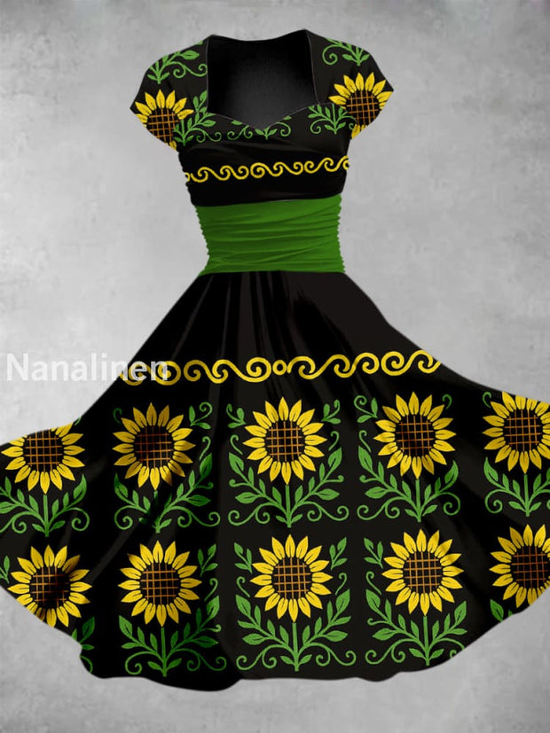 Cinco de Mayo Mexican Fiesta Floral Printed Vintage V-Neck Pleated Waist Short Sleeve Midi Dress A / S