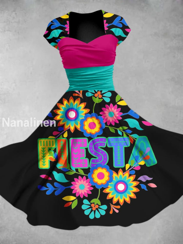 Cinco de Mayo Mexican Fiesta Floral Printed Vintage V-Neck Pleated Waist Short Sleeve Midi Dress A / S