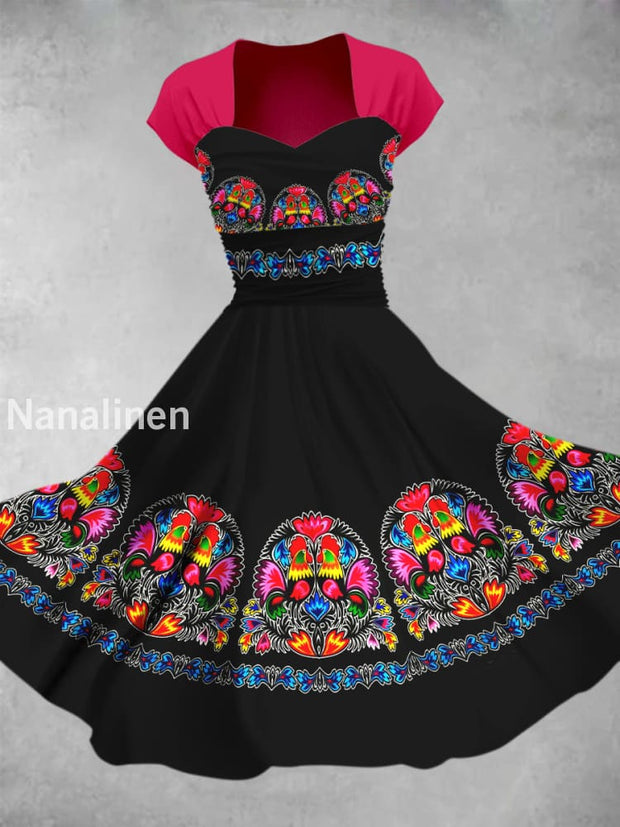 Cinco de Mayo Mexican Fiesta Floral Printed Vintage V-Neck Pleated Waist Short Sleeve Midi Dress A / S