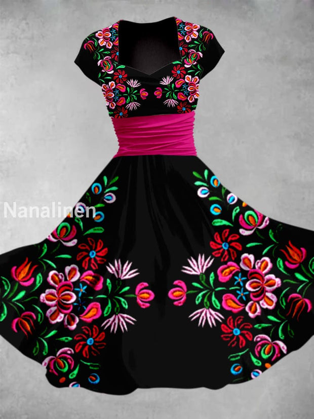 Cinco de Mayo Mexican Fiesta Floral Printed Vintage V-Neck Pleated Waist Short Sleeve Midi Dress A / S