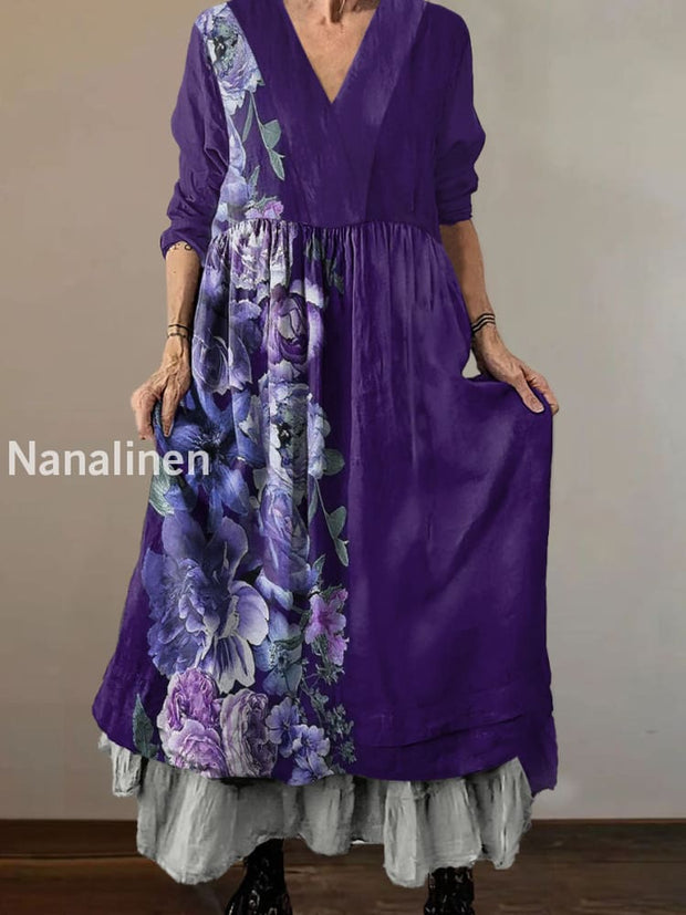 Classic Alzheimer’s Floral Print Cotton And Linen V-neck Midi Dress Purple / S