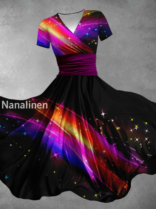 Colorful Aurora Mosaic Art Printed Vintage V-Neck Pleated Waist Short Sleeve Midi Dress A / S