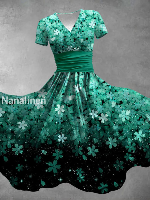 Colorful Aurora Mosaic Art Printed Vintage V-Neck Pleated Waist Short Sleeve Midi Dress A / S