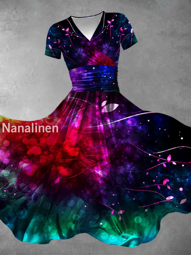 Colorful Aurora Mosaic Art Printed Vintage V-Neck Pleated Waist Short Sleeve Midi Dress A / S