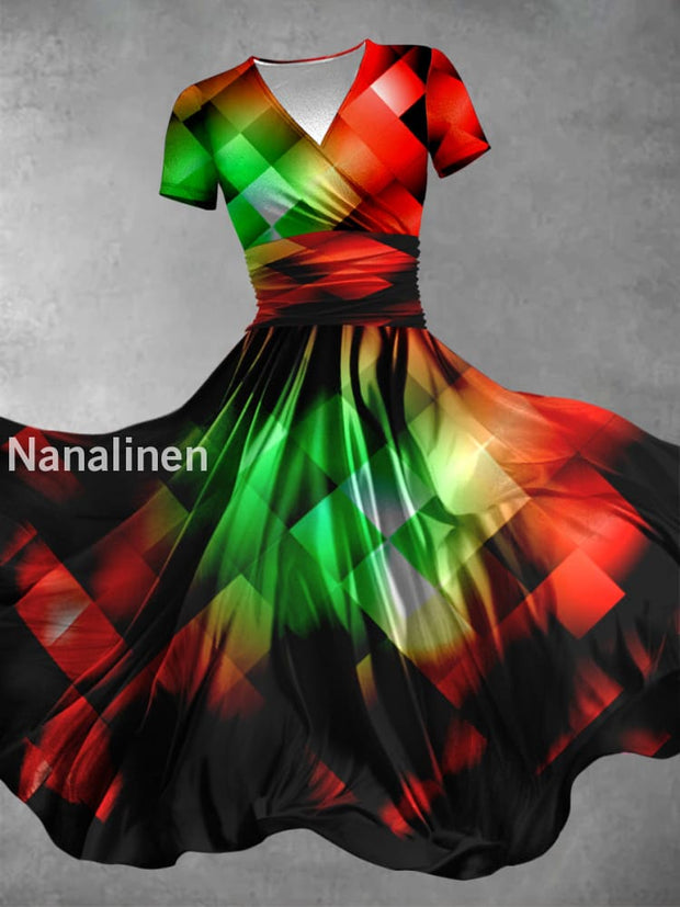 Colorful Aurora Mosaic Art Printed Vintage V-Neck Pleated Waist Short Sleeve Midi Dress A / S