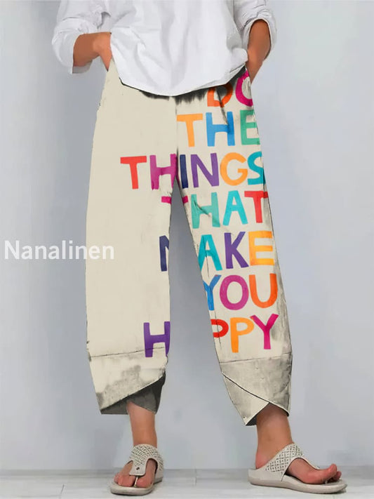Colorful Letters Print Art Cropped Casual Cotton Pants Colorful / S