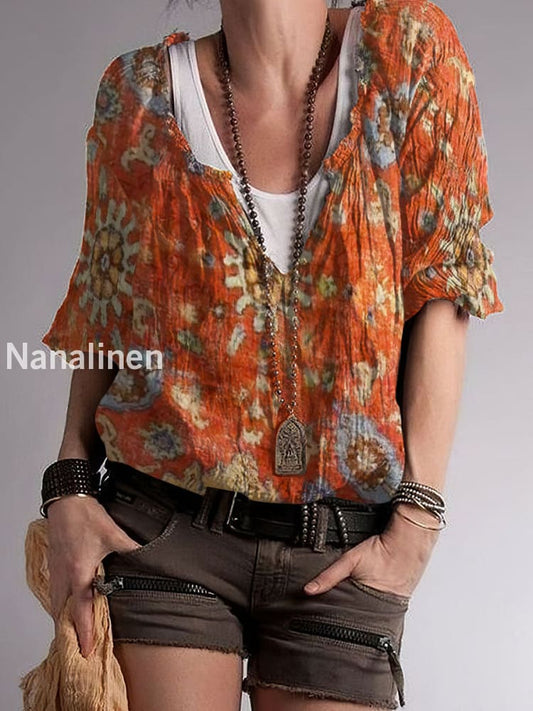 Cotton Linen V-Neck Women’s Top Colorful / S