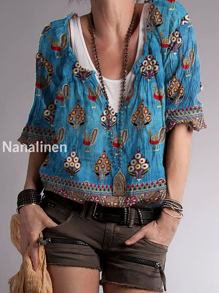 CWomen`s Hippie Pattern Print Cotton Blend V-Neck Top Colorful / S