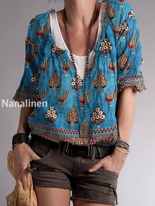 CWomen`s Hippie Pattern Print Cotton Blend V-Neck Top Colorful / S