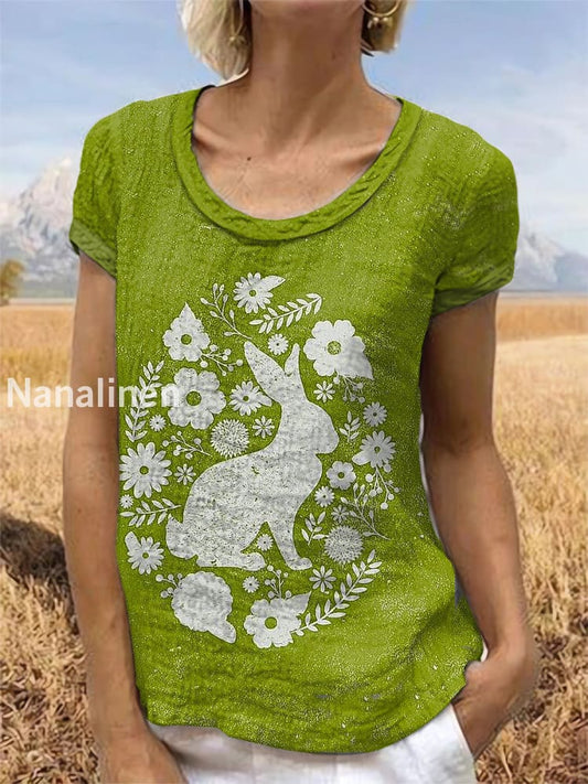 Easter Vintage Floral Art Printed Short Sleeve Top Yellowish Green / S
