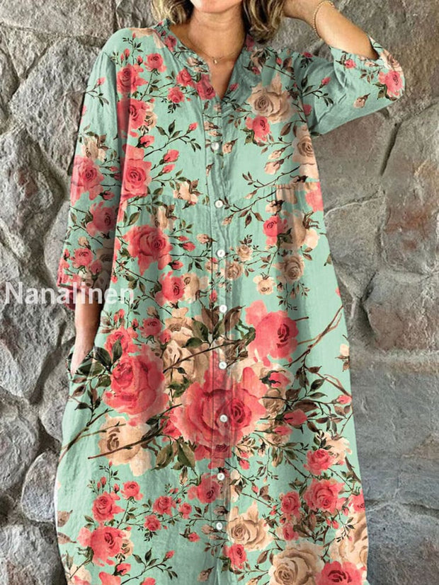 Elegant Artistic Floral Illustration Print Shirt Dress As picture / S