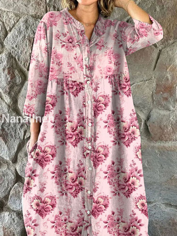 Elegant Artistic Floral Illustration Print Shirt Dress As picture / S