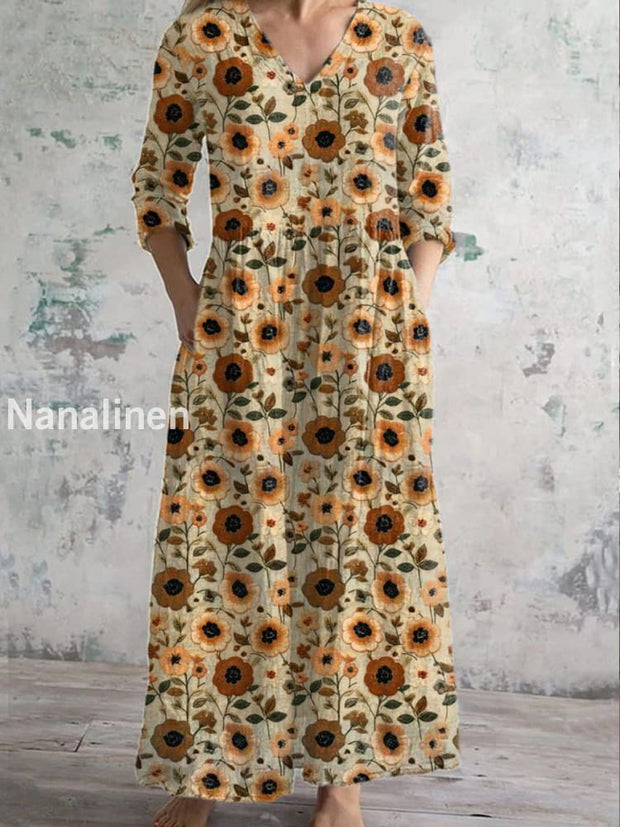 Elegant Artistic Floral Print Casual V-Neck Dress As picture / S